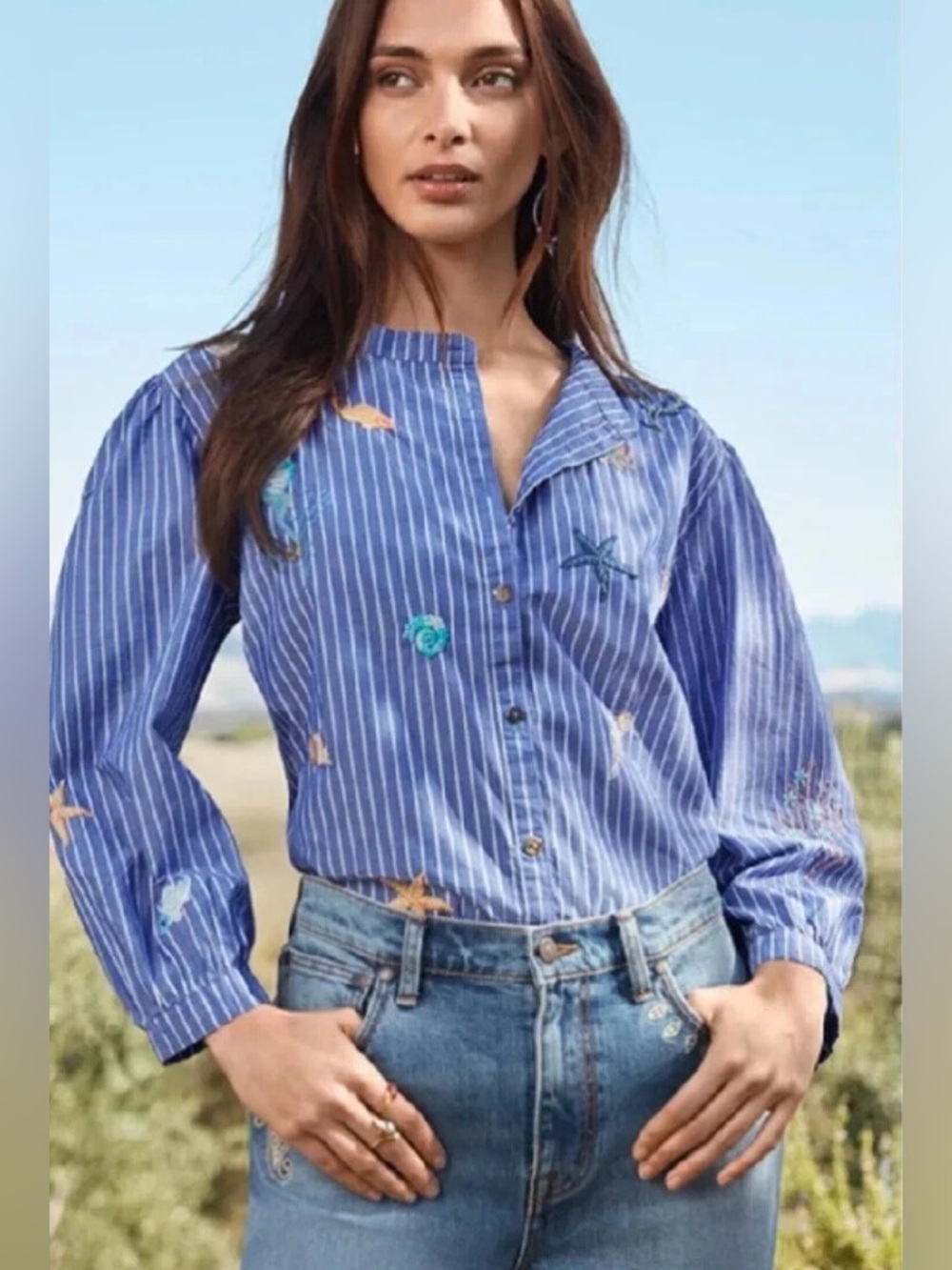 Johnny Was Portia Seaside Embroidered Blue Pinstripe Tunic  Puff Sleeves size Lg